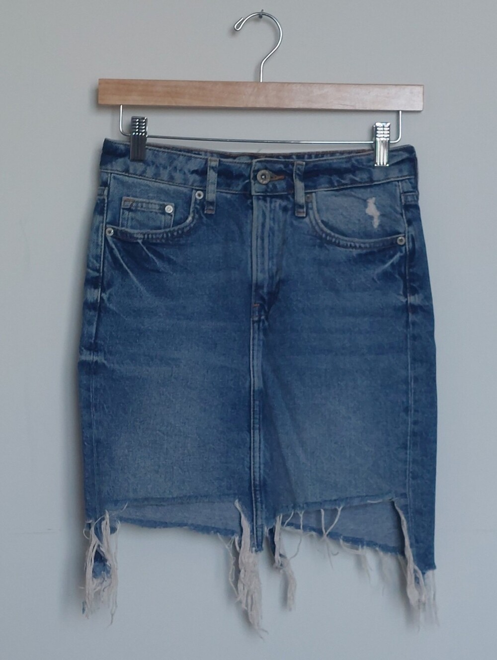 &Denim Distressed Frayed Hem Skirt - Blue
